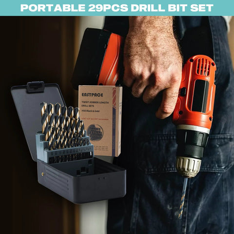 EASTPACE 29-piece HSS cobalt drill bit set in index case with black-gold finish, 1/16"-1/2" for metal and wood.