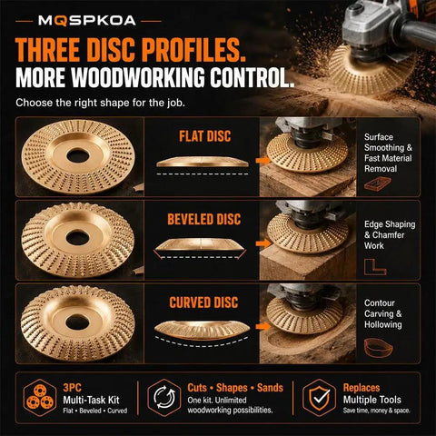 Beefy Tungsten Carbide Wood Carving Discs Set For 4 Inch And 4.5 Inch Grinders With Flat Beveled And Curved Surfaces display