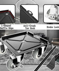 Kick Ass Heavy Duty Furniture Movers And Sliders Kit with 5 Wheel Dollies showing L-Shaped Baffle Edge and Brake Lock detail.