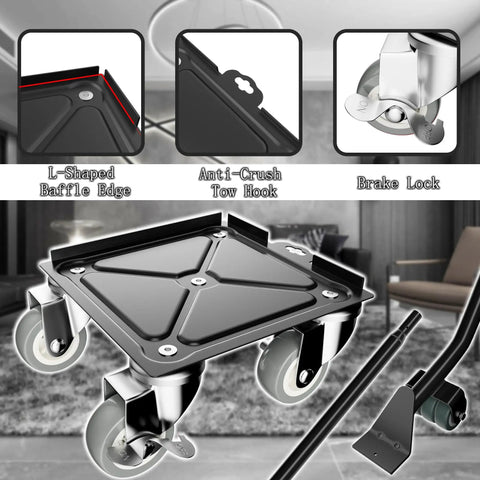 Kick Ass Heavy Duty Furniture Movers And Sliders Kit with 5 Wheel Dollies showing L-Shaped Baffle Edge and Brake Lock detail.