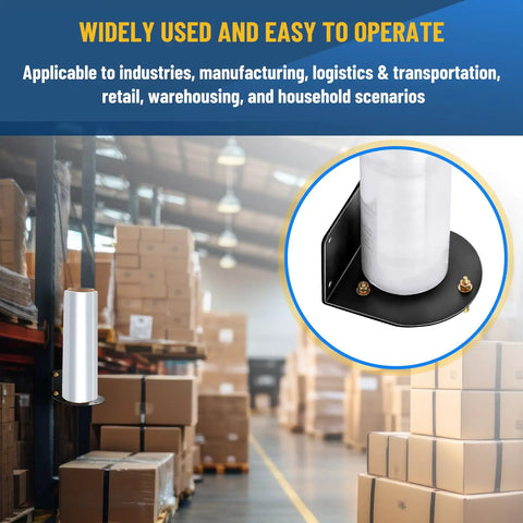 Wall Mountable Stretch Film Roll Stand Fits Up To 20 Inch Film Core Great For Industrial Manufacturing And Logistics Use Holds 2 And 3 Inch Core Rolls Includes 7 Screws For Easy Mounting Keeps Shrink Wrap Organized shown in a warehouse setting