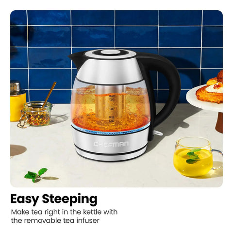 Cordless Glass Electric Kettle With Infuser 1.2L 1500W Fast Boil BPA Free Auto Shut Off No Fuss Boil Dry Protection Removable Lid