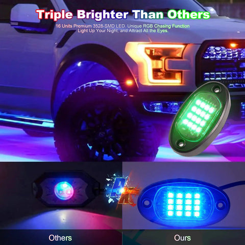 RGB LED Rock Lights Kit For Jeeps Trucks UTV RZR SUV Offroad Cars Waterproof IP68 160 SMD Underbody with bright LED comparison