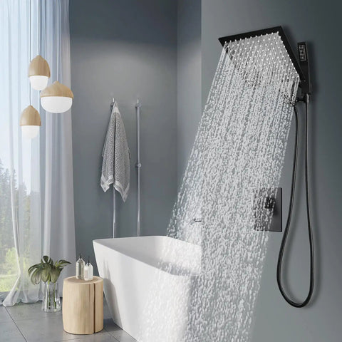All Metal Matte Black Dual Showerhead System With Rainfall Head And Handheld, Pressure Balance Rough-In Valve Included, in use
