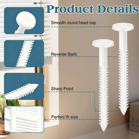 Top Shelf 30 Pack 3 Inch White Vinyl Shutter Fasteners Hella Durable PVC Anchor Pins for Exterior decorative house shutters showing head cap and barb details.