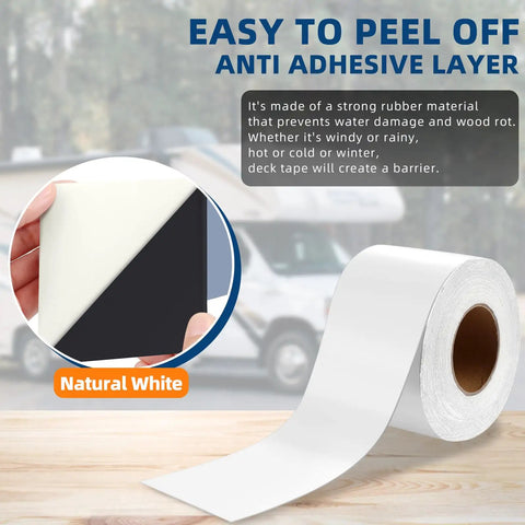 RV Roof Sealant Tape 4 Inch By 50 Foot Waterproof UV Resistant Sealant Tape For RV Repair Window Boat Sealing And Camper Truck Roof Leaks 2 Pack That Sticks Tight And Keeps Water Out shown in roll format with view of adhesive side.