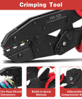 Close-up of 3 In 1 Self-Adjusting Wire Stripper And Crimping Tool Kit For 10-24 AWG With Heat Shrink Connectors, ratcheting crimper.