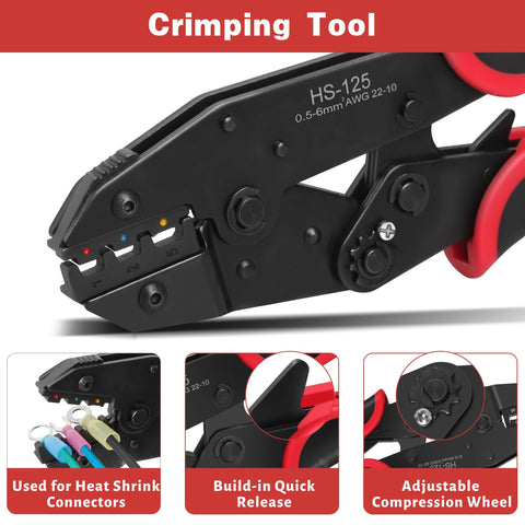 Close-up of 3 In 1 Self-Adjusting Wire Stripper And Crimping Tool Kit For 10-24 AWG With Heat Shrink Connectors, ratcheting crimper.