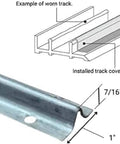 Diagram and close-up of Screw On Track Cover For Sliding Patio Glass Doors Replacement Hardware In Stainless Steel 1 W X 7/16 H 6 Feet Long Corrosion Resistant Door Track Shield Screws Not Included, showing installation over worn track