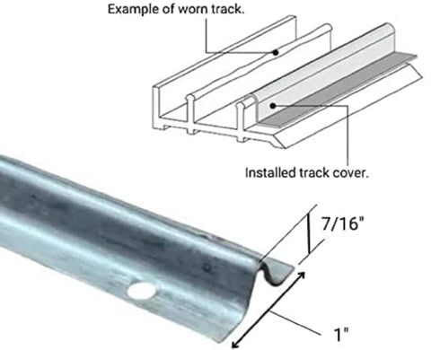 Diagram and close-up of Screw On Track Cover For Sliding Patio Glass Doors Replacement Hardware In Stainless Steel 1 W X 7/16 H 6 Feet Long Corrosion Resistant Door Track Shield Screws Not Included, showing installation over worn track
