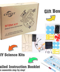4 In 1 Solar Power And Electric Motor STEM Kit For Kids Beginners With Solar Car Fan Wind Car Wooden Plane in box layout