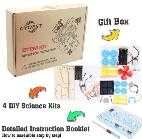 4 In 1 Solar Power And Electric Motor STEM Kit For Kids Beginners With Solar Car Fan Wind Car Wooden Plane in box layout