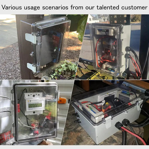 Various usage scenarios of IP65 Waterproof Junction Box Enclosure With Hinged Clear Cover in outdoor installations.