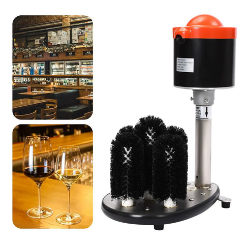 Heavy Duty Commercial Electric Glass Cup Washer Featuring Five Brush Wine Glass Cleaning Machine and Six Hundred Cups Per Hour Bar setup with brushes on a counter.