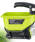 Handheld Power Spreader For Ryobi 18V Battery Portable Electric Spreader For Seed Salt Fertilizer And Feed Year Round Yard Work Tool Delivers Even Coverage Up To Eight Thousand Square Feet Battery Not Included shown with green hopper and handle.