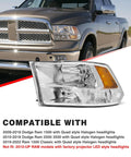 Dodge Ram Headlight Assembly Replacement For 2010 To 2018 Ram 1500 2500 3500 Chrome Housing Amber Reflector OE Fitment Upgrade