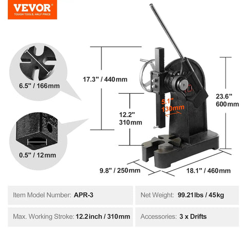 Built Tough Manual Arbor Press With 3 Ton Ratchet Leverage Action And Boss Level Cast Iron Construction For Precision Stamping Bending And Killer Metal Fab Projects