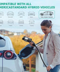 Woman using Level 2 EV Charger 48 Amp For Indoor And Outdoor Use With SAE J1772 Connector NEMA 14 50 Plug 25Ft Cable