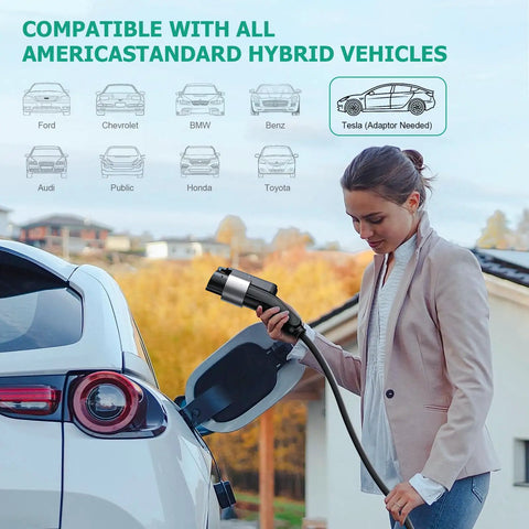 Woman using Level 2 EV Charger 48 Amp For Indoor And Outdoor Use With SAE J1772 Connector NEMA 14 50 Plug 25Ft Cable