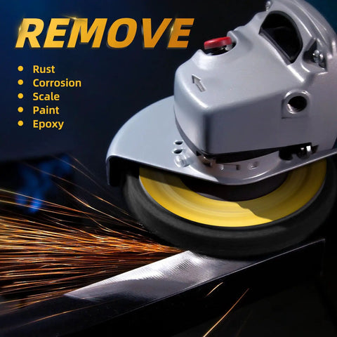 Angle grinder using 10 Pack 4-1/2 Inch Strip Discs For Angle Grinder With 7/8 Inch Arbor, Rust Busting And Paint Stripping Wheel on metal surface