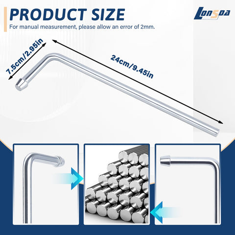 Stainless Steel Exhaust Hanger Rod Weld-On 9.5 Inch Long 90 Degree Bent Universal Fit 2 Pack with detailed size dimensions.