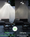 Comparison between Outdoor Motion Sensor LED Bulbs 13W 100W Equivalent and dimmer 25W bulb in a dark porch setting