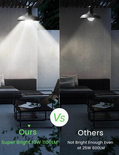 Comparison between Outdoor Motion Sensor LED Bulbs 13W 100W Equivalent and dimmer 25W bulb in a dark porch setting