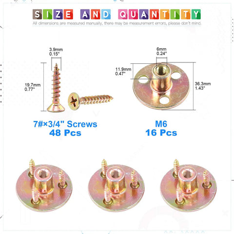 No Sweat 64 Piece M6 One Quarter Inch Brad Hole Tee Nut And Screw Kit Slick Zinc Plated Carbon Steel showing 48 screws and 16 M6 inserts.