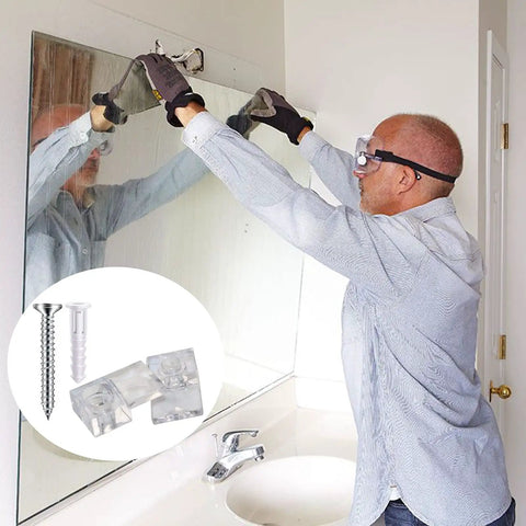 Person using 20 Piece Heavy Lifter Plastic Mirror Mounting Clips Kit With Premium Stainless Screws for secure glass mount.