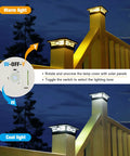 Slick Heavy Duty Solar Post Cap Lights Outdoor 12 Pack waterproof deck post covers showing warm and cool light settings at night.
