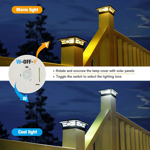Slick Heavy Duty Solar Post Cap Lights Outdoor 12 Pack waterproof deck post covers showing warm and cool light settings at night.