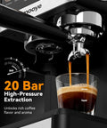 Espresso Machine With Grinder And Steam Frother For Home Use 20 Bar Pressure Compact Coffee Maker dispensing espresso