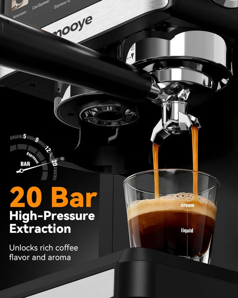 Espresso Machine With Grinder And Steam Frother For Home Use 20 Bar Pressure Compact Coffee Maker dispensing espresso