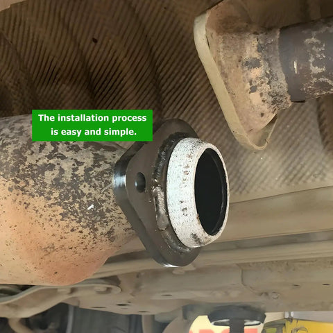 Heavy Duty 2 Pack 1.8 Inch Straight Up Leak Proof Graphite Exhaust Gasket Universal Flange Seal mounted on exhaust pipe.