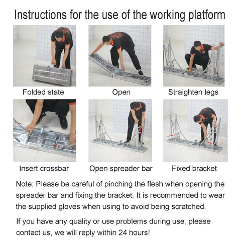 Slick Folding Scaffolding Deck With Quick Adjustable Height Settings For Drywall And RV Projects demonstrating setup steps.