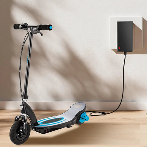 24V Replacement Charger Cable, 6.6Ft Long, charging Razor scooter on wooden floor with power cord adapter