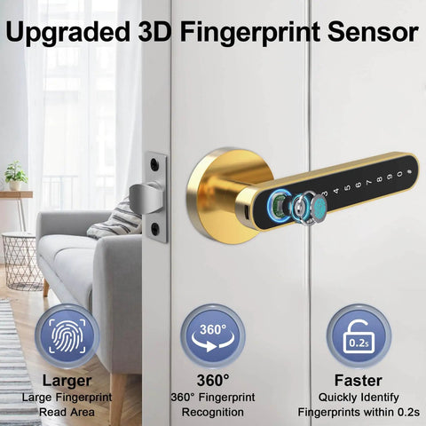 Fingerprint Door Lock With Keypad Handle And App Unlock Keyless Entry Biometric Smart Door Knob For Bedroom Hotel And Apartment Digital Lock In Gold Finish