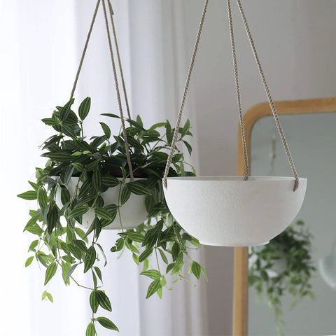 Cool White Hanging Planter Set, 8 Inch Indoor Outdoor Plant Pots With Drainage Hole, Pack Of 2 displayed with green foliage
