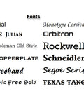 Various font styles for custom engraving on Custom Engraved Pocket Knife For Hunting And Camping Everyday Carry EDC With Wood Handle