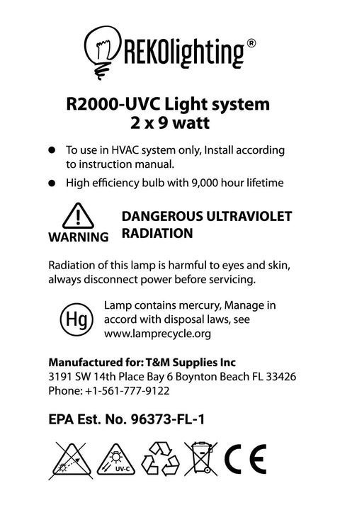 Whole House UV-C Air Purifier For HVAC Duct In-Duct Sterilization With Dual Lamps 120V 253.7nm product specifications and warnings.