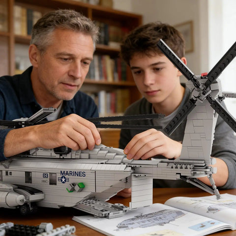 Father and son assembling CH-53 Transport Helicopter Model Kit For Adults, showing detailed parts and instructions.
