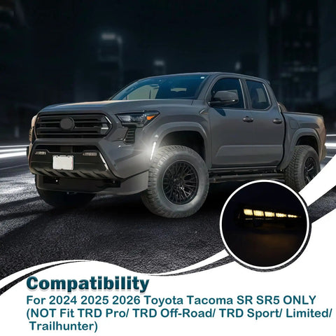 2024-2026 Toyota Tacoma SR SR5 with Toyota Tacoma Front Wheel Arch Side Marker Lights Kit, illuminated at night.