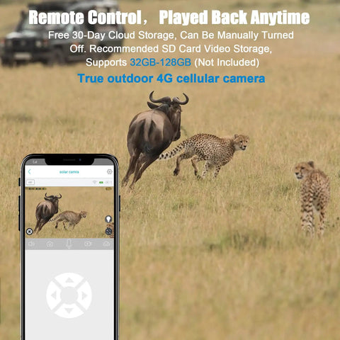 Outdoor Cellular Security Camera No WiFi Required 4G Solar Powered with app interface on smartphone in wildlife setting