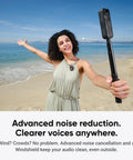Woman on beach using Wireless Mic Air Transmitter For Vlog And Streaming, ultralight 7.9g, seamless sync with camera, no receiver.