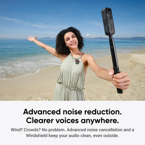 Woman on beach using Wireless Mic Air Transmitter For Vlog And Streaming, ultralight 7.9g, seamless sync with camera, no receiver.