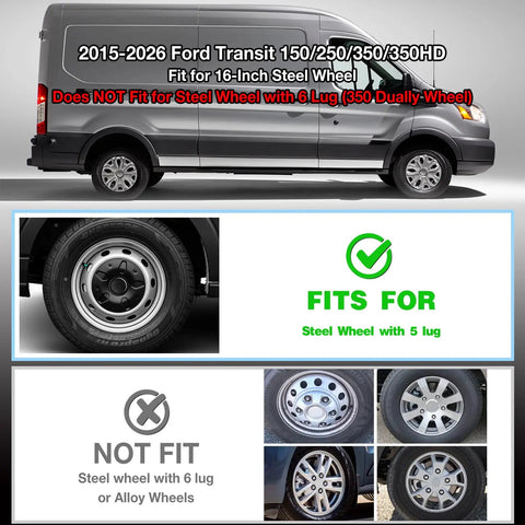 Ford Transit Hubcap Wheel Covers 16 Inch Silver Replacement Set Of 4 For 2015 To 2026 Transit showing fitment details