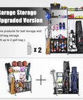Garage Gear Storage Organizer With Golf Bag Rack And Ball Holder, Four Extra Shelves And Basket loaded with sports equipment
