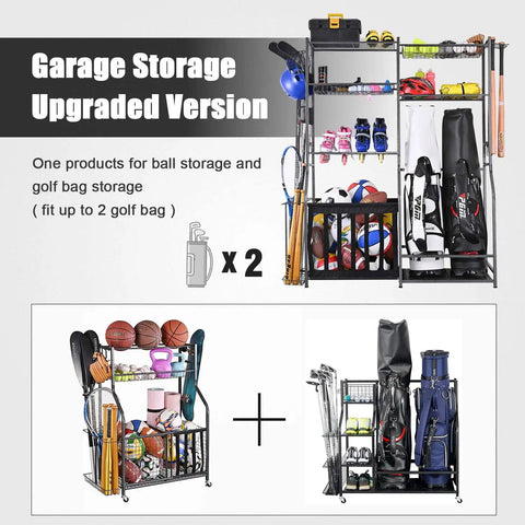 Garage Gear Storage Organizer With Golf Bag Rack And Ball Holder, Four Extra Shelves And Basket loaded with sports equipment