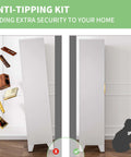 Anti-tipping kit for huge 61 inch farmhouse pantry cabinet with two barn doors, white finish, enhances home safety.