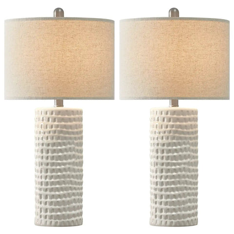 Modern 24.5 Inch Ceramic Table Lamp Set Of 2 With White Shades Farmhouse End Table Lamps, textured bases, for cozy interior lighting.